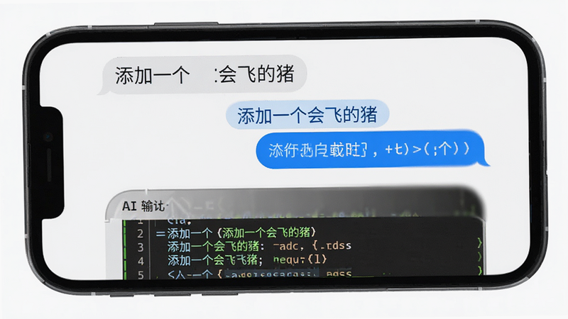 主体为手机屏幕,显示用户输入“添加一个会飞的猪”,下方AI回复生成代码片段,布局上下分明,排版工整,风格扁平化设计,细节展示对话气泡与代码高亮,画质清晰,干净,文字“添加一个会飞的猪”