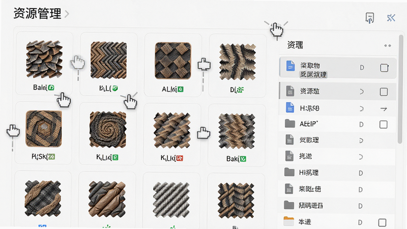 主体为资源管理界面,展示多个纹理图标和文件列表,布局网格状,排版整齐,风格极简主义,细节展示拖拽手柄与文件类型标识,画质细腻,干净,文字“资源管理”