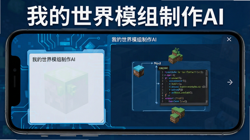 主体为“我的世界模组制作AI”手机应用界面,布局清晰,左侧显示输入框,右侧实时生成Mod文件结构图,排版简洁现代,风格科技感蓝色调,细节展示代码块与像素风游戏元素融合,画质高清,干净无多余元素,文字“我的世界模组制作AI”清晰可见