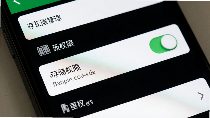 主体为手机设置界面,显示权限管理选项,布局列表式,排版清晰,风格系统原生UI,细节展示存储权限开关,画质清晰,干净,文字“存储权限”