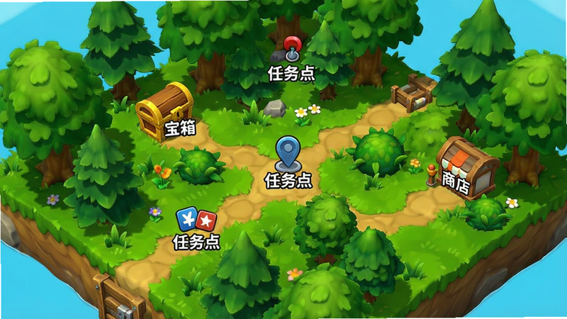 游戏大地图截图,显示一片绿色的森林区域,地图上有多个标记点,包括“宝箱”、“任务点”和“商店”,视角为斜45度俯视,色彩鲜艳明亮,风格卡通写实,画质清晰,无文字遮挡