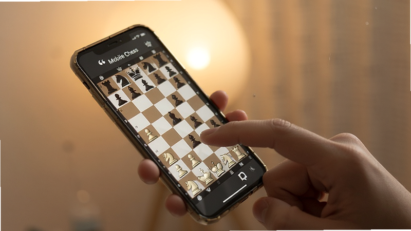 主体为手持智能手机展示国际象棋界面,手机屏幕清晰显示棋盘与棋子,背景为柔和的室内光晕,布局为对角线构图,排版现代简约,风格为生活化场景,细节展现手指触控动作,画质高清,干净,文字引用