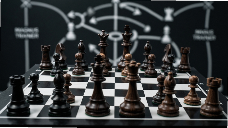 主体为国际象棋棋盘特写,黑白棋子错落有致,背景虚化显示模糊的战术分析线条,布局居中对称,排版简洁现代,风格为极简科技风,细节展现棋子木纹质感,画质8k高清,干净无多余元素,文字引用