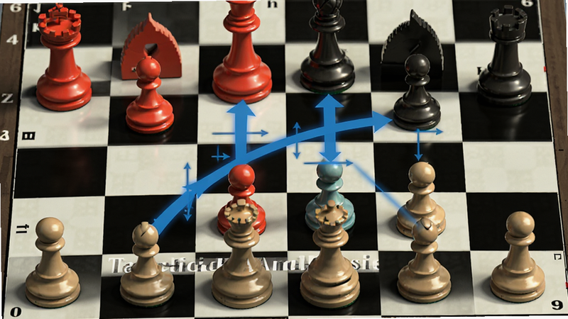 主体为国际象棋棋盘上半部分,红方王和兵处于受威胁状态,蓝色箭头指示攻击路径,布局聚焦于局部战术,排版清晰,风格为教学演示风,细节展现棋子阴影与光泽,画质高清,干净,文字引用