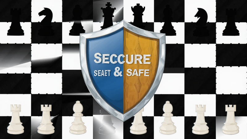 主体为国际象棋棋盘与盾牌图标结合,象征安全与保护,布局中心对称,排版简洁有力,风格为扁平化设计,细节展现盾牌光泽与棋盘纹理,画质高清,干净,文字引用