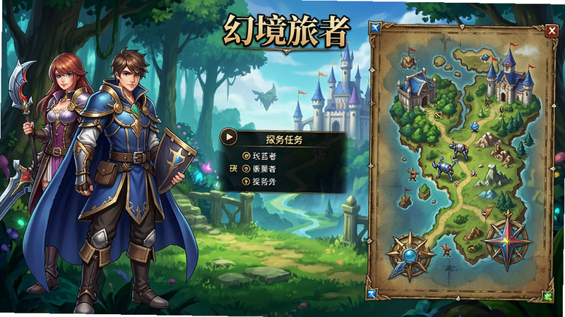 一张展示《幻境旅者》游戏主界面的全景图,左侧是英雄角色立绘,右侧是地图探索区域,中间有任务提示,背景是奇幻风格的森林与城堡,色彩绚丽,高清画质,无多余元素