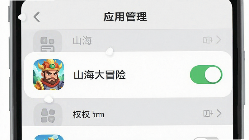 手机设置界面截图风格插画,显示“应用管理”列表,其中“山海大冒险”图标被高亮选中,右侧开关处于开启状态,背景为浅灰色,界面元素扁平化设计,清晰展示权限设置过程,无其他干扰元素,高清矢量风格