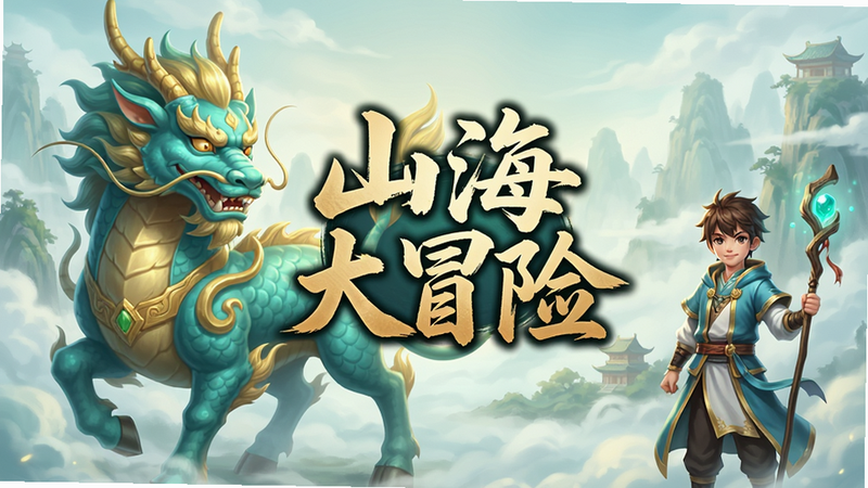 一张精美的游戏主视觉图,画面中央是名为“山海大冒险”的Logo,字体采用古朴的书法风格,背景是云雾缭绕的东方神话场景,左侧有一只巨大的青色神兽麒麟,右侧站着一位手持法杖的少年主角,色彩以青绿、金黄为主,光影效果柔和,构图平衡,高清画质,无多余UI元素,干净背景