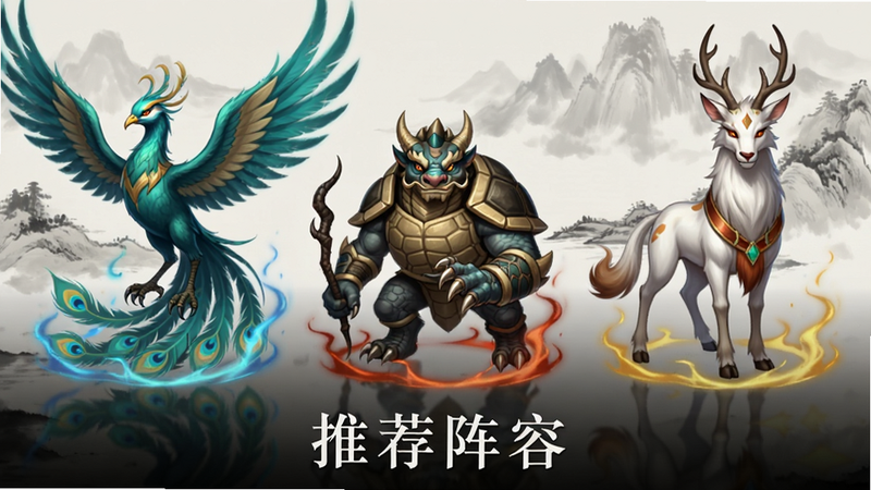 三个游戏角色并排站立,左侧是青鸾,中间是玄武,右侧是白泽,背景为淡雅的水墨画风格,角色脚下有各自属性颜色的光效,画面下方有“推荐阵容”字样,字体端正,整体色调和谐,高清游戏原画质感