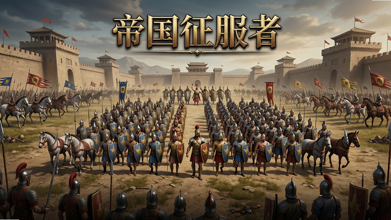 主体为《帝国征服者》游戏主界面,布局呈现宏大的古代战场背景,中央展示多兵种阵列,排版整洁,风格为写实史诗风,细节丰富,画质高清,干净无多余元素,文字包含