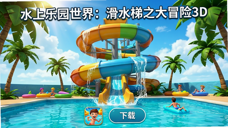 主体为一款名为“水上乐园世界:滑水梯之大冒险3D”的手机游戏宣传海报。布局采用中心构图,中央是一个巨大的、色彩鲜艳的3D螺旋滑水梯,从画面顶部蜿蜒而下,终点是清澈碧蓝的泳池。滑水梯表面有动态的水流纹理,周围环绕着热带棕榈树和充气浮具。背景是明亮的蓝天白云,阳光透过树叶洒下斑驳光影。排版简洁,上方预留标题区域,下方展示游戏图标和下载按钮示意。风格为卡通渲染与写实光影结合,色彩饱和度高,充满夏日清凉感。细节丰富,水花飞溅效果逼真,人物角色虽小但姿态生动。画质高清,干净无多余元素,文字“水上乐园世界:滑水梯之大冒险3D”清晰可见。