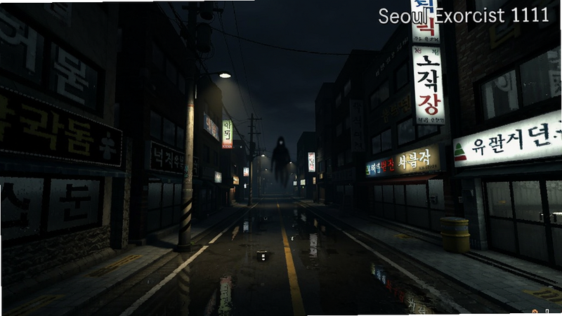 主体为游戏内场景截图,布局展示夜晚的首尔街景,远处有模糊的鬼影轮廓,排版采用宽屏比例,风格写实渲染,细节包括湿漉漉的地面反射灯光、路边的电线杆与韩文招牌,画质清晰,干净无水印,文字