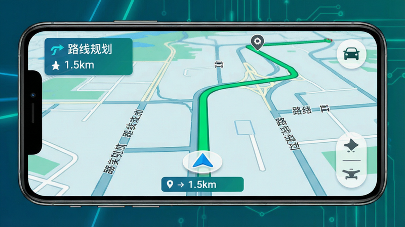 主体为手机屏幕显示的地图导航界面,布局为全屏地图视图,排版突出绿色路线轨迹,风格为科技感蓝绿色调,细节显示道路名称、距离标记与车辆图标,画质清晰,干净,文字包含