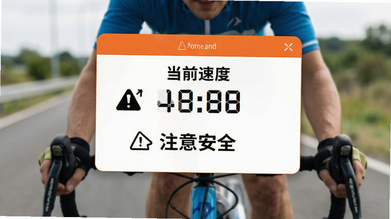 主体为骑行过程中的安全提示弹窗界面,布局为居中卡片式设计,排版醒目,风格为警示橙白配色,细节显示速度数值与安全图标,画质细腻,干净,文字包含