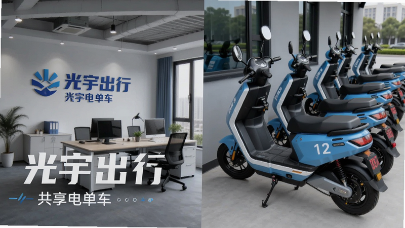 主体为光宇出行公司的办公环境与车辆停放点,布局为分屏展示,排版左侧为办公室右侧为整齐排列的电动车,风格为商务写实风,细节显示公司Logo与车辆编号,画质专业,干净,文字包含