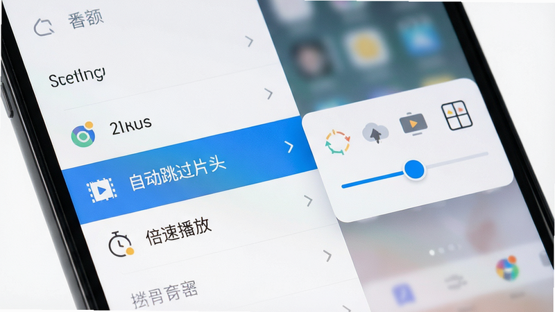 主体:手机屏幕界面,显示设置菜单,高亮显示“自动跳过片头”和“倍速播放”选项,右侧弹出倍速选择滑块,布局:侧边栏菜单,清晰层级,排版:列表式,风格:简洁、易用,细节:图标扁平化,颜色柔和,画质:高清,干净,无多余元素