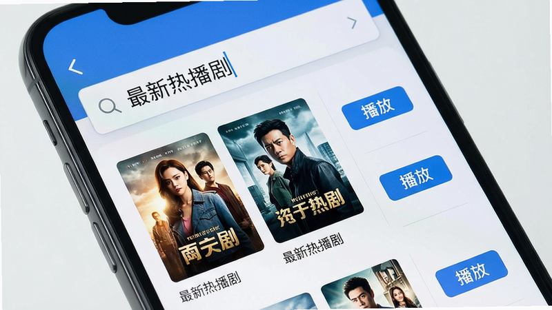 主体:手机屏幕特写,显示搜索界面,输入框内文字为“最新热播剧”,下方列表显示三部热门电视剧的海报和标题,每行右侧有“播放”按钮,布局:垂直列表,清晰直观,排版:扁平化设计,风格:高效、便捷,细节:文字清晰可读,海报封面精美,画质:高清,干净,无多余元素