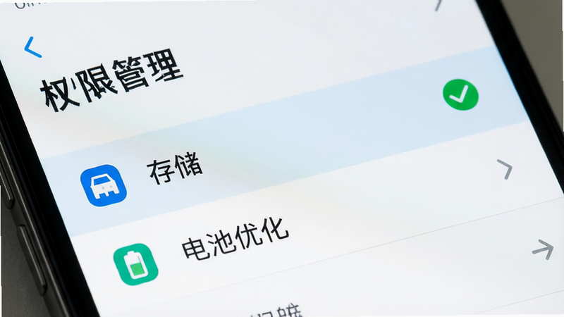 主体:手机设置界面特写,显示“权限管理”页面,高亮显示“存储”和“电池优化”选项,旁边有一个绿色的勾选标记,布局:清晰列表,重点突出,排版:简洁,风格:扁平化UI,细节:图标清晰,文字易读,画质:高清,干净,无多余元素