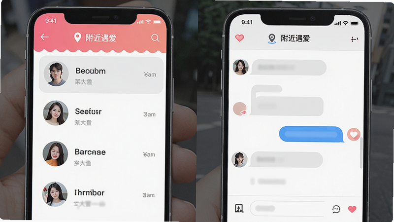 主体为“附近遇爱”APP界面,布局采用左右分栏,左侧显示附近用户头像列表,右侧显示聊天窗口,排版清晰简洁,风格为现代扁平化设计,细节包含定位图标与爱心元素,画质高清,干净,无多余元素,文字“附近遇爱”清晰可见