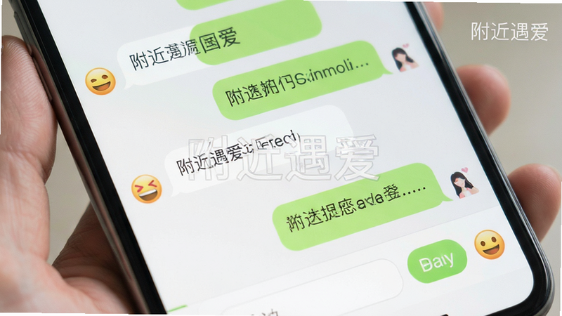 主体为手机聊天界面截图,显示气泡对话,布局上下滚动,风格清新明快,细节包含发送按钮与表情图标,画质柔和,干净,无多余元素,文字“附近遇爱”作为水印淡显