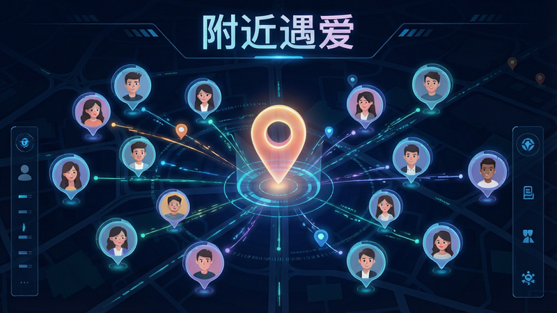 主体为地图界面,中心有一个发光的定位标记,周围环绕着多个用户头像气泡,布局呈放射状扩散,风格科技感强烈,细节包含动态连接线条,画质精细,干净,无多余元素,文字“附近遇爱”位于顶部