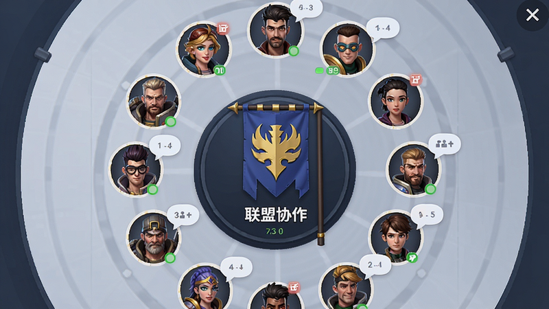 联盟大厅界面,主体为多位玩家角色头像组成的圆形阵列,布局为中心辐射式,中央显示联盟旗帜和等级,排版整齐,风格为社区化UI,细节包括在线状态标识和聊天气泡,画质清晰,干净,文字包含“联盟协作”