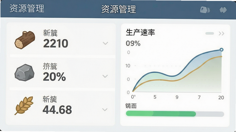 资源管理面板示意图,主体为游戏内的资源统计界面,布局为左右分栏,左侧显示木材、石料、粮食图标及数值,右侧显示生产速率曲线,排版简洁,风格为扁平化UI设计,细节包括清晰的数字字体和进度条,画质清晰,干净,文字包含“资源管理”