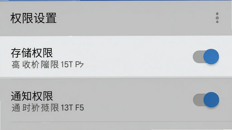 手机设置界面截图示意,主体为安卓系统权限设置页面,布局为列表形式,高亮显示“存储权限”和“通知权限”选项,排版清晰,风格为系统原生UI,细节包括开关按钮状态,画质清晰,干净,文字包含“权限设置”