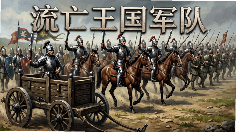 军队集结场景,主体为正在行进的混合兵种部队,布局为纵深感强的队列排列,前方为攻城车,中间为骑兵,后方为步兵,排版紧凑,风格为史诗战争风,细节包括士兵盔甲光泽和武器细节,画质高,干净,文字包含“流亡王国军队”