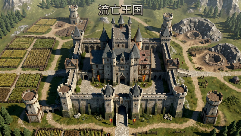 游戏主界面全景图,主体为宏伟的中世纪城堡建筑,布局采用中心对称式,城堡占据画面中央,四周环绕着农田、矿场和防御塔,排版清晰,风格为写实3D渲染,细节丰富,画质高清,干净无多余元素,文字包含“流亡王国”