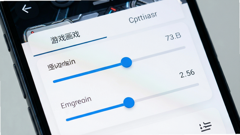 主体为智能手机设置界面,布局聚焦于游戏选项卡,排版简洁,风格为科技感,细节显示画质与灵敏度滑块,画质清晰,干净,无多余元素