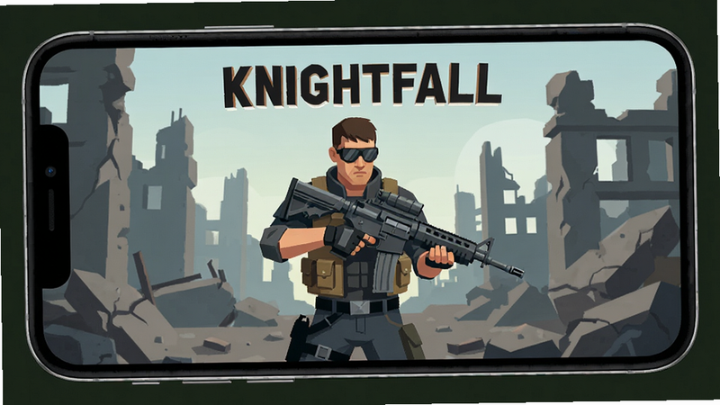 主体为一部智能手机,屏幕中显示Knightfall游戏主界面,布局清晰,排版现代,风格为扁平化设计,细节包含角色持枪姿态与背景废墟,画质高清,干净,无多余元素