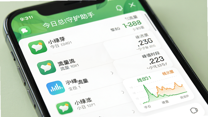 小绿芽守护助手网络流量监控界面截图,主体为手机屏幕显示流量统计列表,布局为纵向滚动列表,每行显示应用名称、图标及流量数值,排版整齐,风格清新自然,细节处突出显示“今日总流量”与“峰值时段”,画质高清,文字清晰