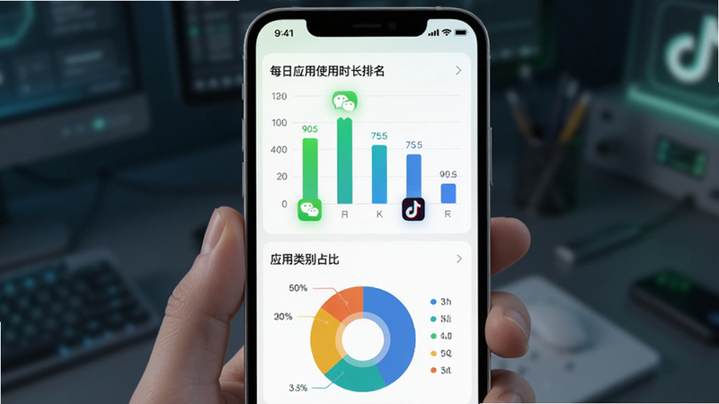 小绿芽守护助手应用行为追踪功能演示图,主体为手机屏幕显示柱状图与饼图,布局为上下结构,上部展示每日应用使用时长排名,下部展示应用类别占比,排版简洁明了,风格现代科技感,细节处高亮显示微信、抖音等常见应用图标,画质清晰,无背景干扰