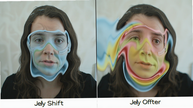 展示Jelly Shift实时变形效果的对比图,左侧为正常画面,右侧为应用果冻特效后的画面,布局左右分屏,排版清晰,风格对比鲜明,细节突出物体边缘的波浪状变形,画质清晰,干净,无多余元素