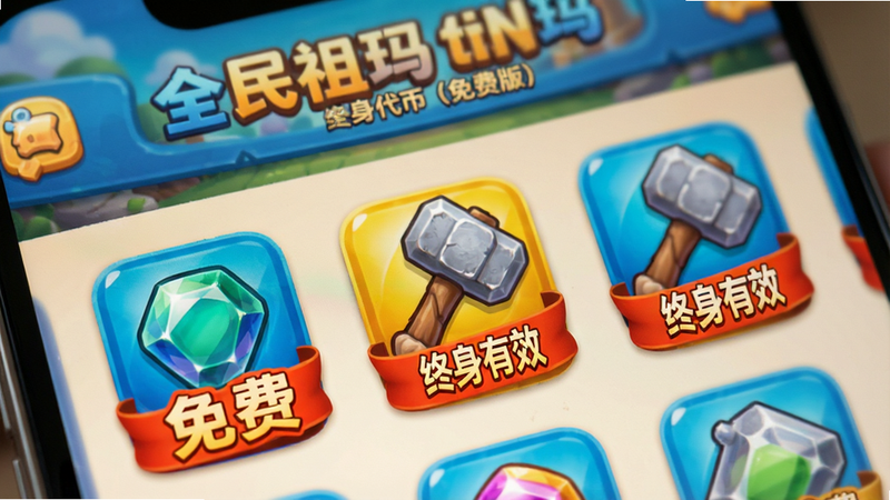手机屏幕特写,显示《全民祖玛(终身代币免费版)》内的道具商店界面,所有道具图标旁标注“免费”或“终身有效”字样,背景模糊处理,突出前景的宝石与锤子图标,风格为卡通渲染,细节精致,光线柔和,无水印