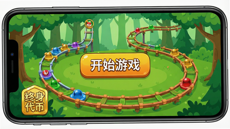 一张高清扁平化风格的手机游戏界面展示图,主体为《全民祖玛(终身代币免费版)》的主菜单界面,背景是清新的绿色森林与蜿蜒的祖玛轨道,画面中央显示醒目的“开始游戏”按钮,左下角有“终身代币”金色图标,整体布局简洁,色彩鲜艳,画质清晰,无多余元素,文字清晰可见