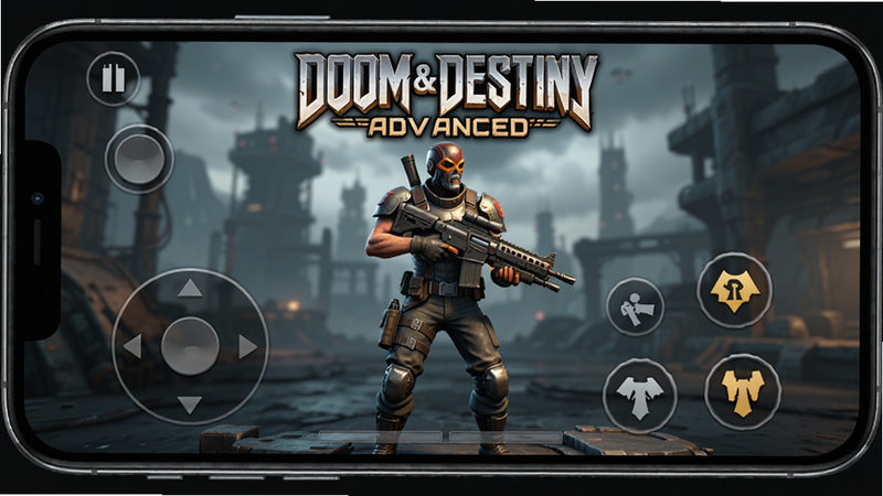 主体为手机屏幕中央显示的《Doom & Destiny Advanced》游戏主界面,布局清晰,顶部显示游戏Logo,中间是角色持枪站立姿态,底部为虚拟摇杆和射击按钮,风格为写实3D渲染,细节丰富,画质高清,干净无多余元素