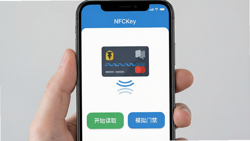 主体为智能手机屏幕特写,显示门禁卡NFCKey应用界面,布局清晰,顶部显示应用名称,中间展示一张正在被读取的门禁卡图形,底部有“开始读取”和“模拟门禁”两个大按钮,排版整洁,风格为现代扁平化UI设计,细节处可见NFC波纹图标,画质高清,干净,无多余元素