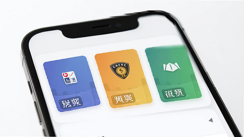 主体为手机屏幕上的卡片列表界面,显示三张不同颜色的门禁卡缩略图,布局整齐排列,排版现代简约,风格商务风,细节处每张卡片上有清晰的名称标签,画质锐利,干净,无多余元素