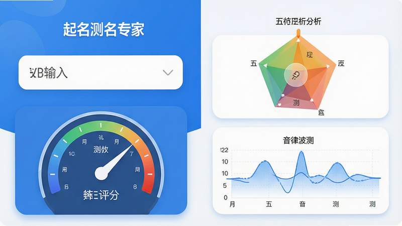 主体为“起名测名专家”安卓应用的高清界面展示图,布局采用左右分栏结构,左侧显示姓名输入框与评分仪表盘,右侧展示详细的五行分析与音律波形图,排版整洁有序,风格为清新简约的科技蓝白配色,细节处体现柔和的圆角卡片设计与阴影效果,画质4k高清,干净无多余元素,文字“起名测名专家”清晰可见