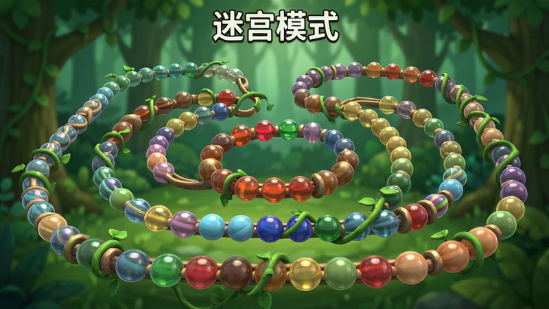 主体为游戏内的“迷宫模式”关卡预览,画面中多条彩色珠子轨道交织成复杂的迷宫形状,背景是模糊的绿色森林,重点突出轨道的弯曲和珠子的排列,风格为写实与卡通结合,细节处有藤蔓装饰,画质细腻,干净,无多余元素