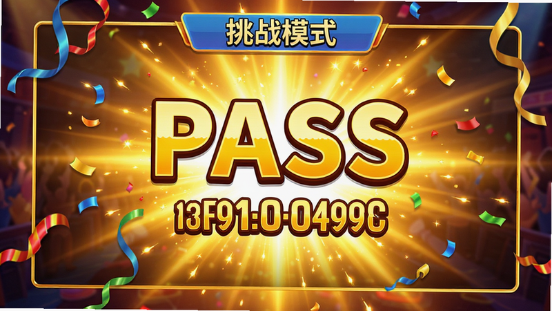 主体为游戏内的“挑战模式”得分结算界面,显示大大的“PASS”字样和高额分数,背景为金色光芒爆发效果,突出胜利的喜悦感,风格为喜庆热烈,细节处有彩带飘落,画质鲜艳,干净,无多余元素