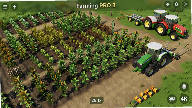 主体为Farming PRO 3游戏主界面,布局为俯视视角的广阔农田,排版整洁,风格为高清写实3D渲染,细节展示不同生长阶段的作物与现代化农具,画质4k,干净,无多余元素