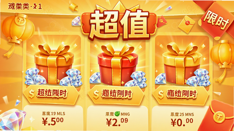 ����Ϊ��Ϸ�ڳ�ֵ������棬����չʾ�����˸�����ͼ����۸��ǩ���Ű�ͻ������ֵ��������ʱ�����������Ϊϲ���ɫϵ��ϸ�ڰ�����ʯ�ѵ�����Ԫ�أ������������ɾ����޶���Ԫ��