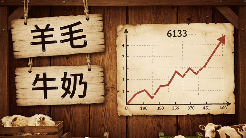 一个复古风格的市场摊位,挂着“羊毛”和“牛奶”的招牌,旁边有一个显示价格曲线的折线图,折线呈上升趋势,背景是木质纹理,整体色调温暖,细节丰富,体现交易场景,无多余UI元素,清晰易读