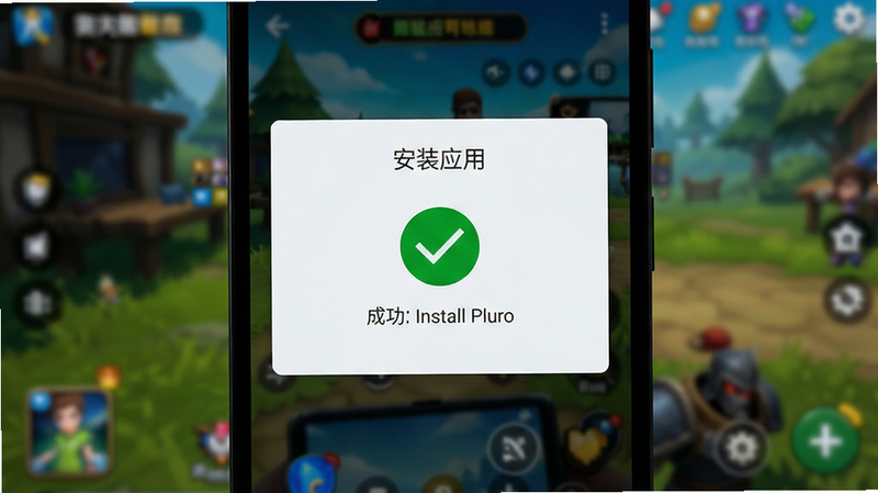 一个安卓手机屏幕,显示“安装应用”对话框,中间有一个绿色的对勾图标,表示安装成功,背景模糊显示游戏主界面,文字清晰可见,界面友好,无错误提示,高分辨率,简洁明了