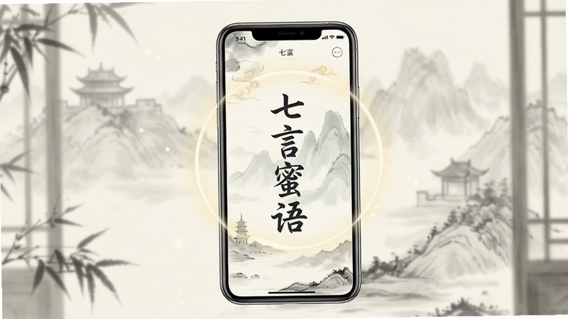 主体为手机屏幕显示“七言蜜语”应用界面,背景为淡雅水墨风,布局居中,排版简洁,风格清新古风,细节包含柔和的光晕效果,画质高清,干净,无多余元素,文字显示“七言蜜语”