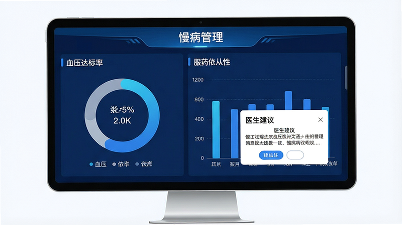 生成一张慢病管理数据看板图,主体为平板或大屏界面,布局为仪表盘形式,风格数据可视化蓝色系,细节包含血压达标率环形图、服药依从性柱状图、医生建议弹窗,画质高清,干净,无多余元素,文字显示“慢病管理”