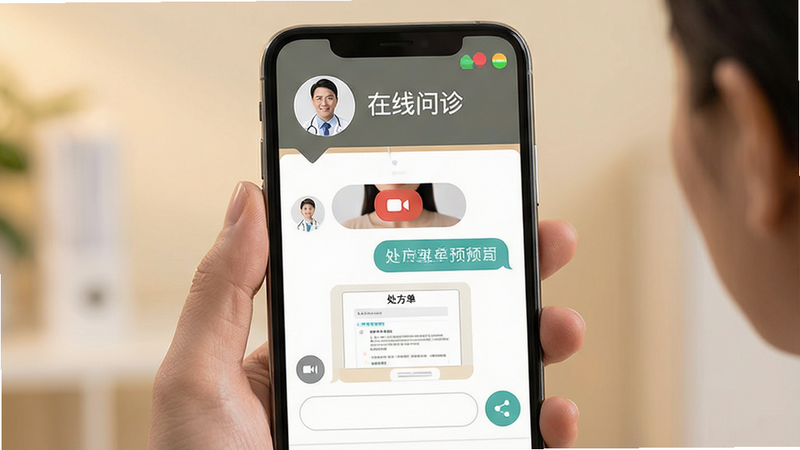 生成一张在线问诊交互场景图,主体为手机屏幕,布局上方为医生头像与在线状态,下方为聊天对话框,风格温馨且专业,细节包含视频通话按钮、处方单预览、发送消息图标,画质清晰,干净,无多余元素,文字显示“在线问诊”